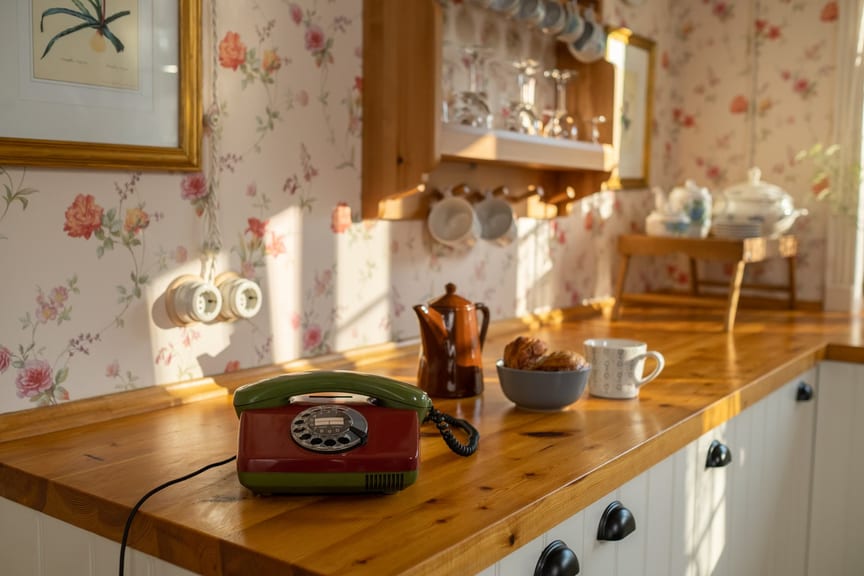 An antique telephone on a sunlit kitchen counter.